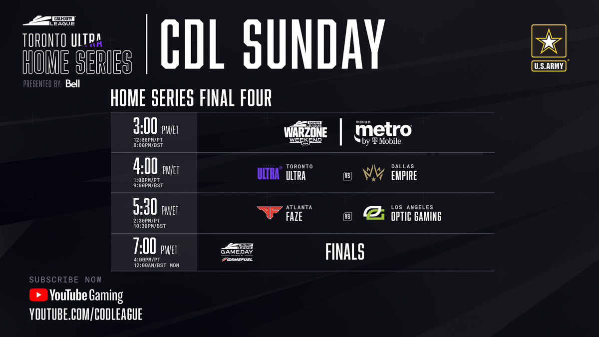 CODLeague's tweet photo. A wild day at the @TorontoUltra Home Series, but so much more to play for tomorrow. Take a peek at the schedule and bracket heading into CDL Sunday.

Subscribe and set your stream reminder, we’re back 12pm PT/3pm ET: https://t.co/HJOPkHUMQ3 https://t.co/cxWlpRCbeg