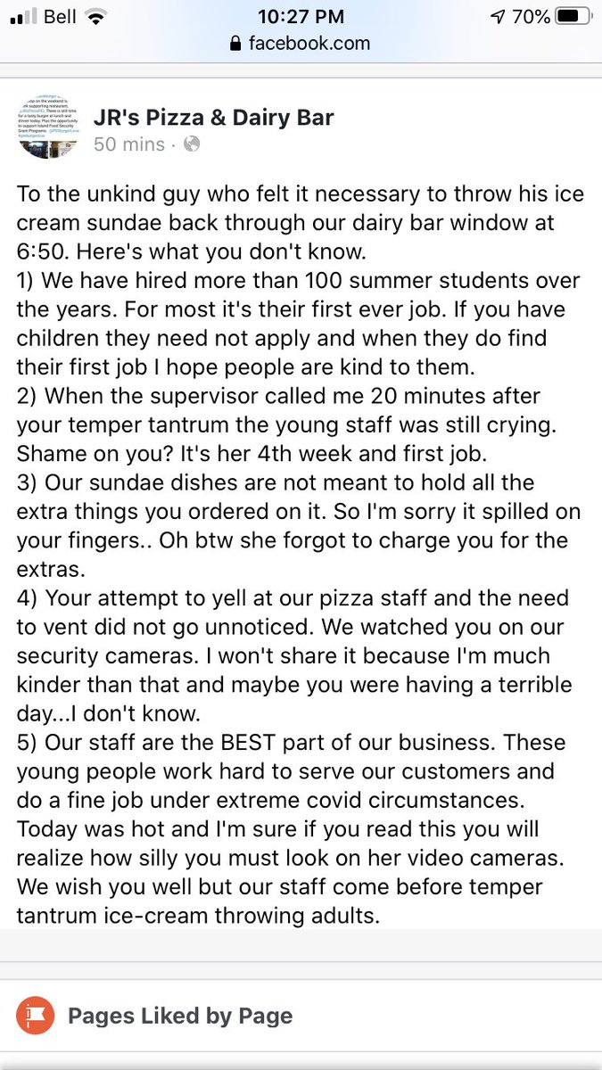 MichaelGDrake's tweet photo. Shout out to the pure class shown by @JRsPizzaPEI in @CornwallPE and their amazing young staff in the face of absolutely unacceptable behaviour. Thanks for being a quality community business looking out for your young workers! See you tomorrow. https://t.co/qTA203jAne