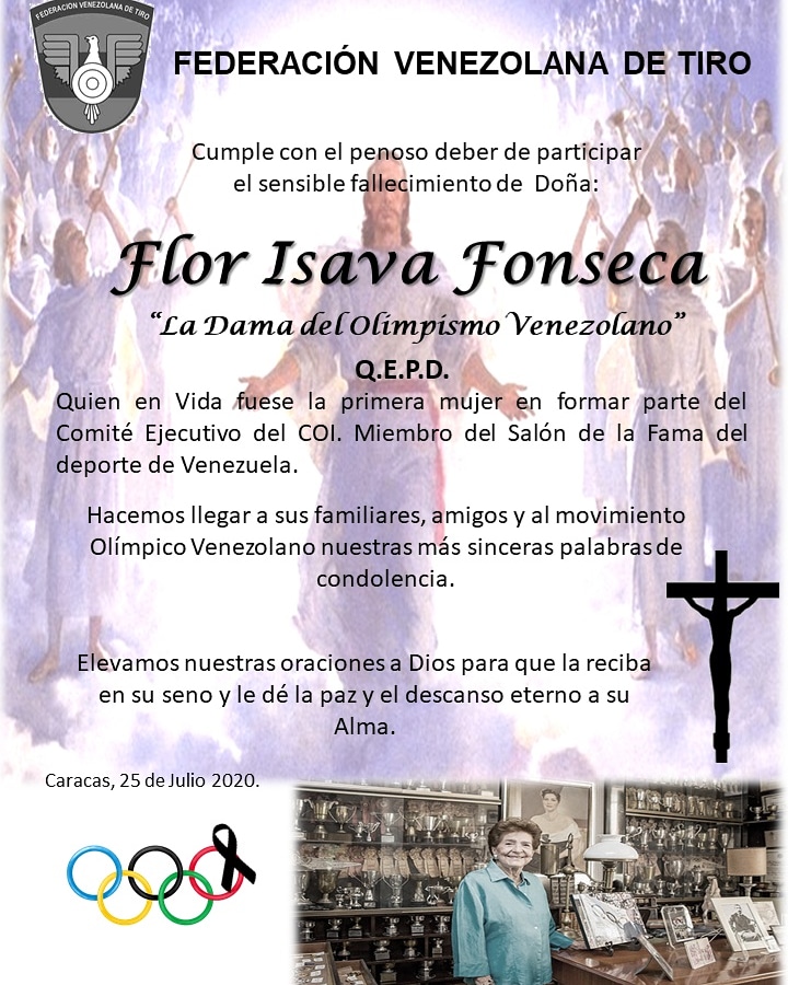 FEVETI's tweet photo. Desde la Federación Venezolana de Tiro, nos unimos al duelo que embarga al Movimiento Olímpico Venezolano, Doña Flor Isava Fonseca. Q.E.P.D. 🙏 https://t.co/AinpIrMxwi