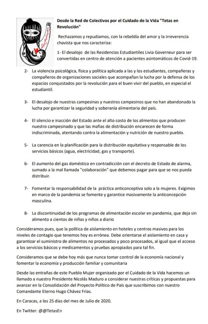 TetasEn's tweet photo. Alzamos nuestra voz en solidaridad con los #estudiantes de la Residencia Livia Gouverneur. En Revolución la emergencia no puede ser excusa para el atropello. #NoAlDesalojoEstudiantil #ConLaLivia @NicolasMaduro @AsiaVillegas @ErikaPSUV https://t.co/D3jPje6tux