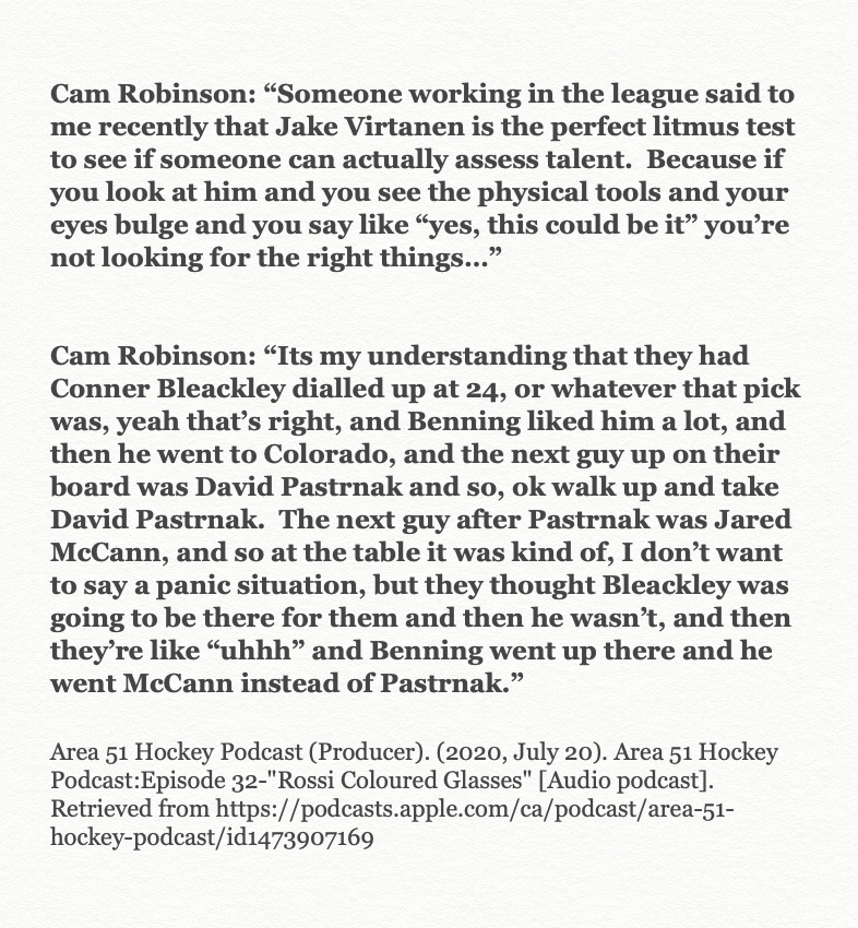 (3/7) Management diverged from the scout& #39;s draft board by taking McCann instead of Pastrnak per  @Hockey_Robinson& #39;s guest appearance on  @Area51Hockey. After taking Boeser in 2015, Benning set his targets on Juolevi. Benning reportedly went with Judd& #39;s picks ever since.