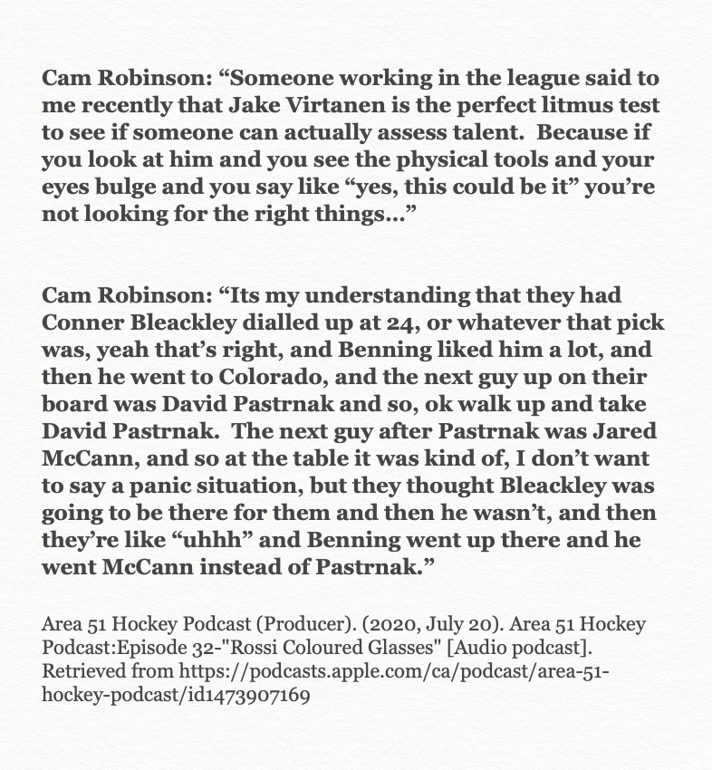 (3/7) Management diverged from the scout's draft board by taking McCann instead of Pastrnak per  @Hockey_Robinson's guest appearance on  @Area51Hockey. After taking Boeser in 2015, Benning set his targets on Juolevi. Benning reportedly went with Judd's picks ever since.