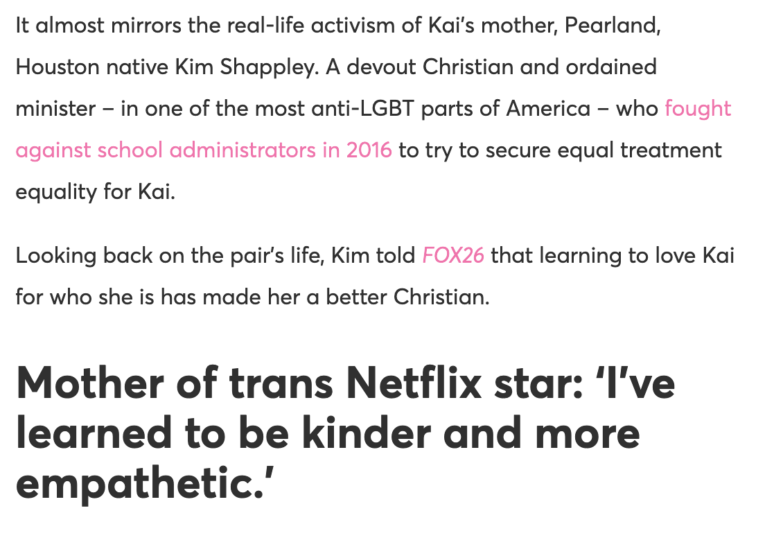 Ahh great, at least the 9 year old trans kid is played by a real 9 year old trans kid. And of course, this woke 9 year old happens to have an activist mom. Munchausen syndrome by proxy transmom strikes again. Spot the gaslighting!
