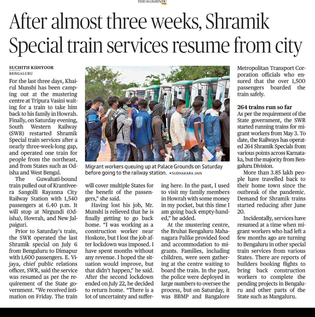 SWRRLY's tweet photo. 264 th #ShramikSpecialtrain run carrying passengers to #Odisha, #WestBengal and #Assam. 
As long as there is requirement, these trains will continue to be run
@the_hindu
#India #IndianRailways #Karnataka #IndiaFightsCOVID19 #shramikexpress #migrants https://t.co/0Tm6KbzV1G
