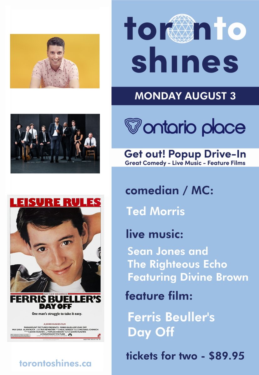 Tickets on sale now for Monday August 3rd ft. live performances from: Ted Morris (@dogtorted), <a href="/SeanJonesmusic/">SeanJonesmusic</a> ft. Divine Brown (@divinamarrom) and then the 80's classic Ferris Bueller's Day Off! torontoshines.ca/tickets