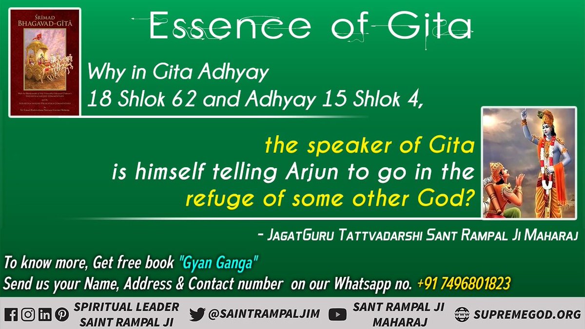 Saurabh36235741's tweet photo. #गीता_ज्ञान_दाता_काल_है

Essence of Gita
Why in Gita Adhyay 18 Shlok 62 and Adhyay 15 Shlok 4, the speaker of Gita is himself felling Arjun to go in the refuge of some other God?
👉 Most Watch Sadhna tv 07:30 pm
👇
"अधिक जानकारी के लिए Satlok Ashram Youtube चैनल पर visit करें" https://t.co/hhEZJVHXst