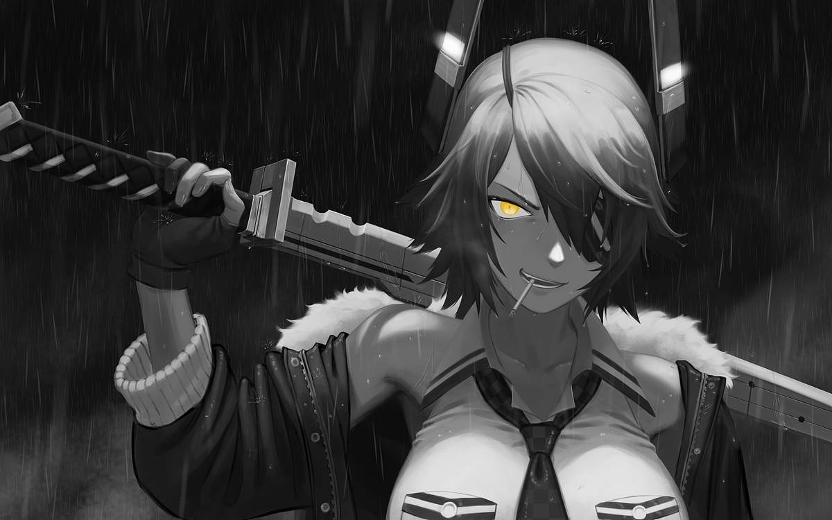 tenryuu (kancolle) 1girl weapon sword gloves solo yellow eyes partially fingerless gloves  illustration images