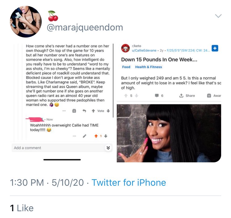 On May 10th she exposed herself when she posted a screenshot from a conversation on Reddit where she is Fat shaming the user Callie Edevane. Her username is covered.