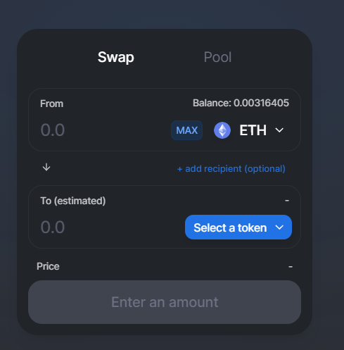 Select a token. You'll note that  $MTA isn't available by default. You'll need to search for it using it's contract. You can find this on Coingecko