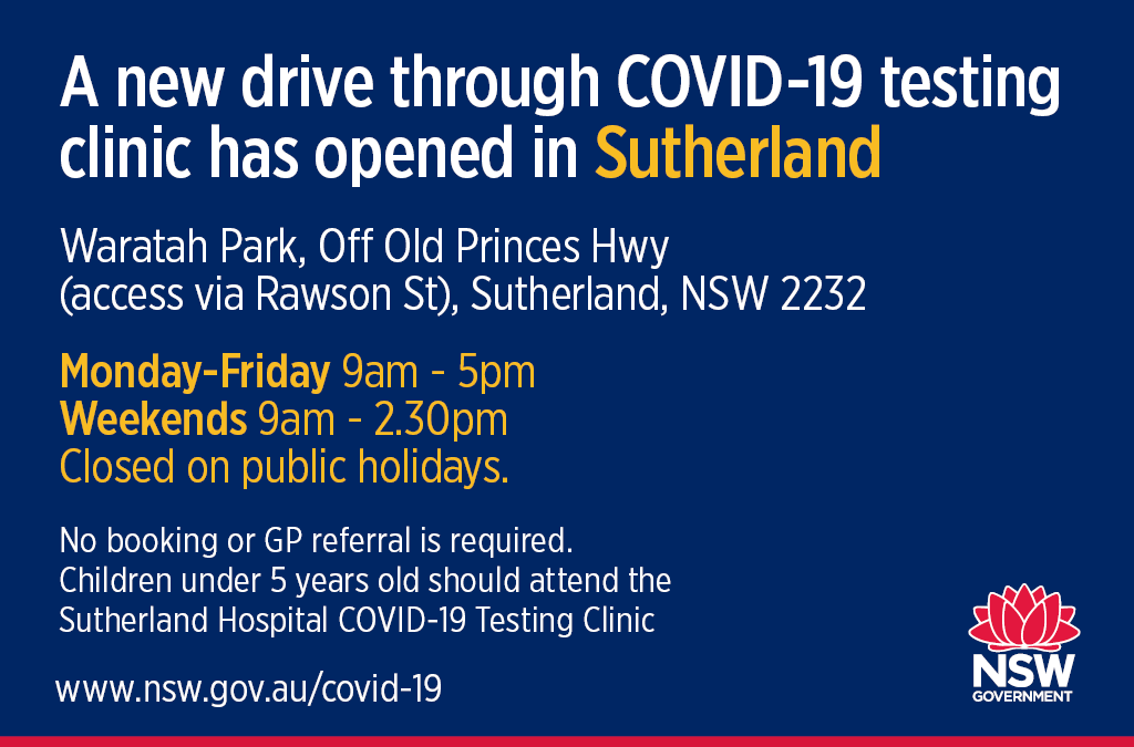 SEastSydHealth's tweet photo. UPDATE ON LOCATION CHANGE | The Sutherland drive-through COVID-19 testing clinic  has moved to a new location near the Sutherland Basketball Stadium,  commencing  today (Sunday 26 July  2020). @SuthShireCncl @SShireNews  #COVID19 #TestingClinic #Health https://t.co/xdi7P7LxMY