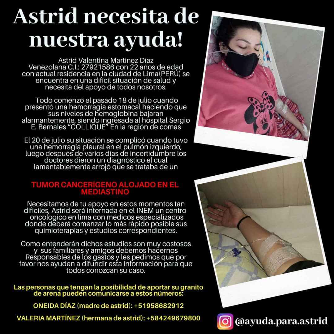 AyudaAstrid's tweet photo. El diagnostico de Astrid es un (TUMOR CANCERÍGENO ALOJADO EN EL MEDIASTINO) Ella nos necesita y nosotros estamos aquí para ayudarla, son momentos difíciles pero sabemos que saldremos de esta con el favor de Dios. Agradecemos nuevamente difundir la información #AyudaParaAstrid RT https://t.co/LUZ0CGSQ3h