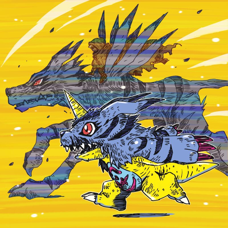 red eyes digimon (creature) horns sharp teeth teeth yellow background single horn  illustration images