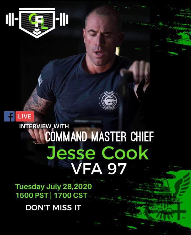 Don’t miss our FB live interview with Command Master Chief of VFA-97 Jesse Cook. Share with your friends and make sure you tune in Tuesday! You won’t want to miss it! #CFL #VFA97 #superhornet #usnavy #americasnavy #commandmasterchief #CMC #navyfit #ntagpnw #nrsportorchard