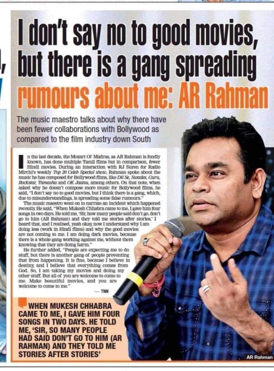 Akashpatel233's tweet photo. Now will the corrupt people of #Bollywood still say that @arrahman sir  is lying. The Truth is infront of all that there are few ppl who are destroying the career of outsiders. With due respect to all music composer let me remind you he has won #Oscar. 
#ARRahman https://t.co/ZoK7wfggbi