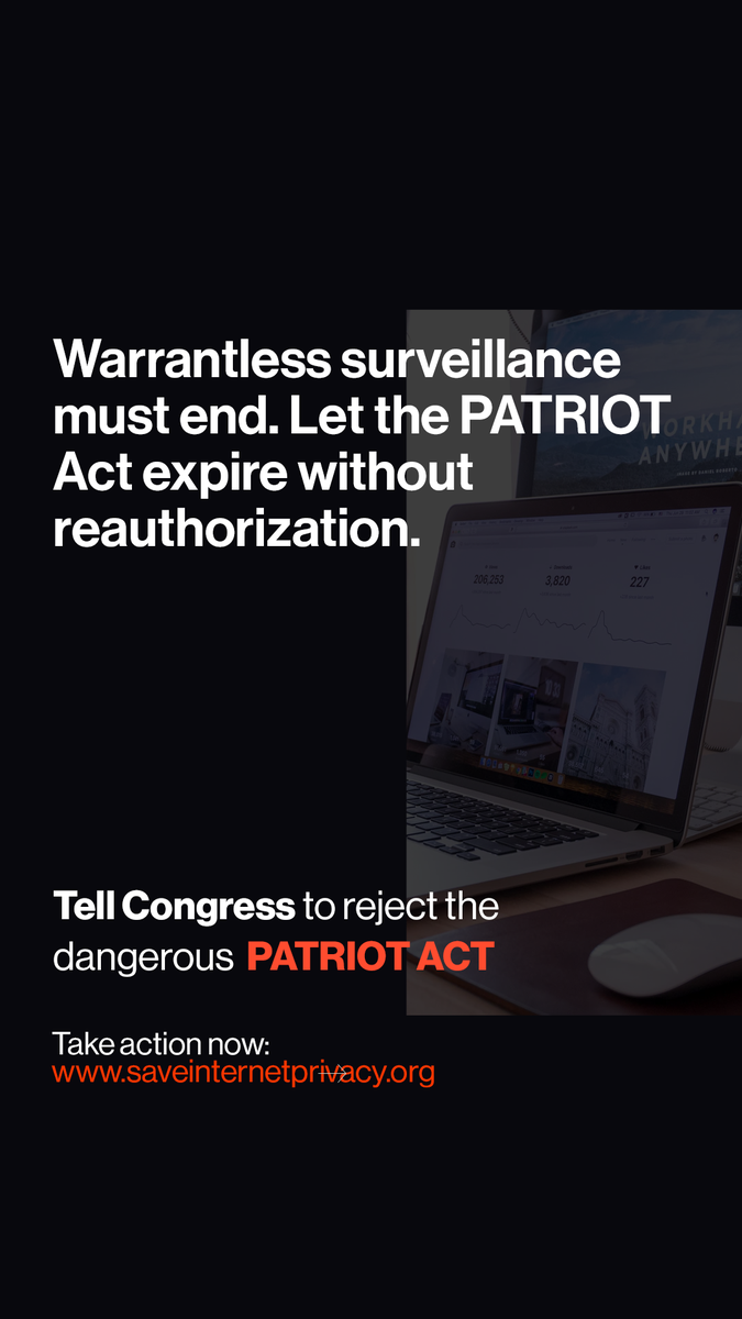 fightfortheftr's tweet photo. We fought the #PATRIOTAct reauthorization hard a few weeks ago. It's coming back through for another vote soon, though. Tell Congress to end the PATRIOT Act and #SaveInternetPrivacy >>> https://t.co/Uy3WBXs1wl https://t.co/5zGVVtkND9