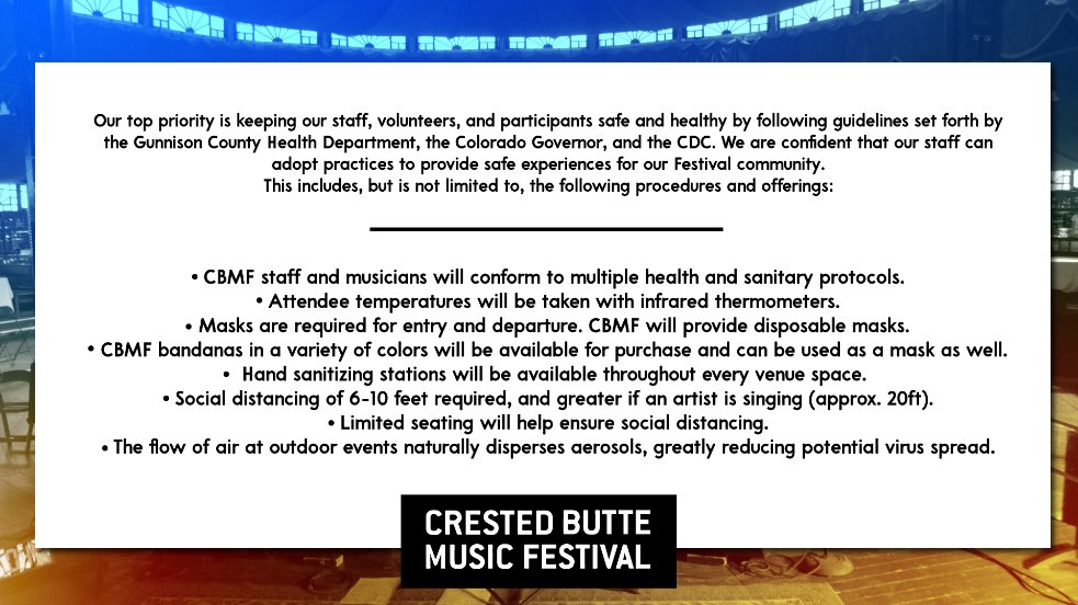 Our team has carefully planned the 2020 festival with health as our first priority- thats why we redesigned the CBMF with your safety in mind- outdoor concerts, social distance between patrons, staff, and artists, and of course sanitizer stations, just in case.