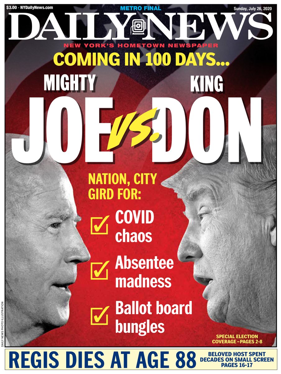 NYDailyNews's tweet photo. LET THE COUNTDOWN BEGIN: MIGHTY JOE VS KING DON

100 days until Election Day, and America needs all hands on deck
https://t.co/OhcqhXV9c8 https://t.co/gVjaN3iAjY