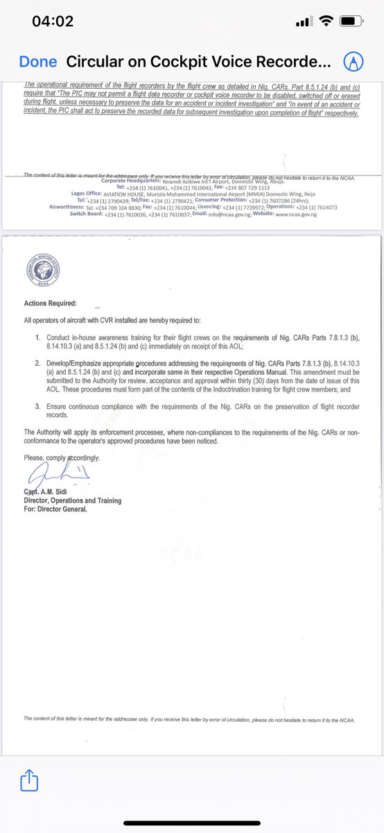  @flyairpeace we CHALLENGE YOU to produce the cockpit voice recording of Flight 7210 of 10/10/19 which you are obliged to keep in line with the attached  @NigerianCAA circular to determine if my wife and I are lying!  @hadisirika  @fmaviationng  @faan  @fccpcnigeria  @TundeIrukera