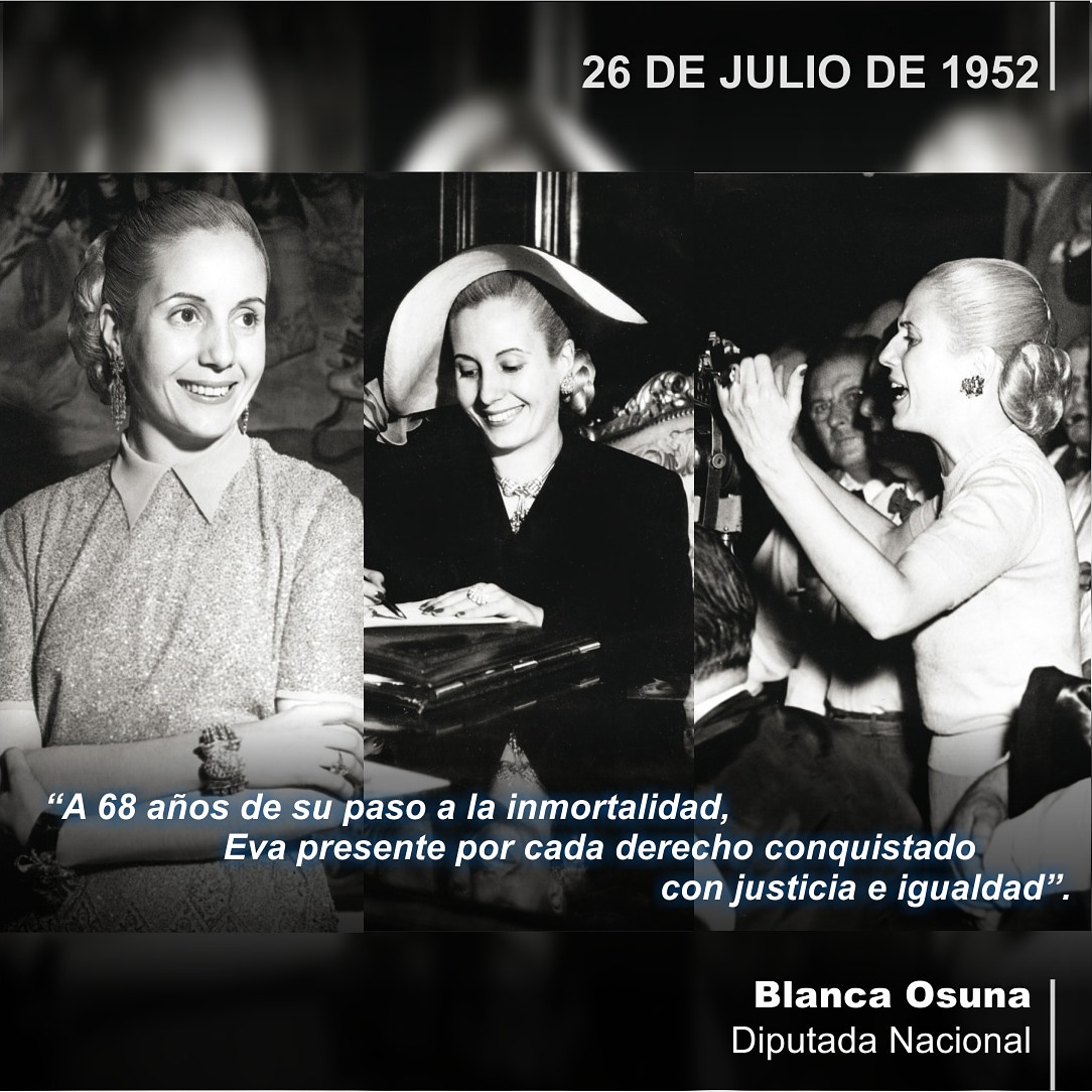 BlancaOsunaOK's tweet photo. EVA SIEMPRE PRESENTE

A 68 años de su paso a la inmortalidad, Eva se encuentra presente en cada derecho conquistado con justicia e igualdad. 

Su construcción, su proyecto de país, sus luchas nos enseñan el camino y los desafíos que tenemos. #EvitaEterna 🇦🇷✌🌞 https://t.co/g4GG3qMwxr