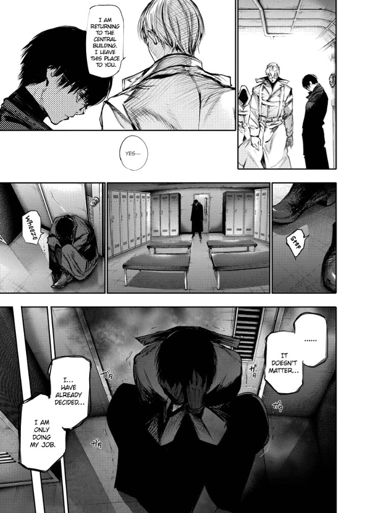 When I read this I thought wow the look on Kaneki's face and this flashback from when he was a prisoner are way more disturbing than anything else this series has thrown at me so far. Man, it got so much more fucked up.....