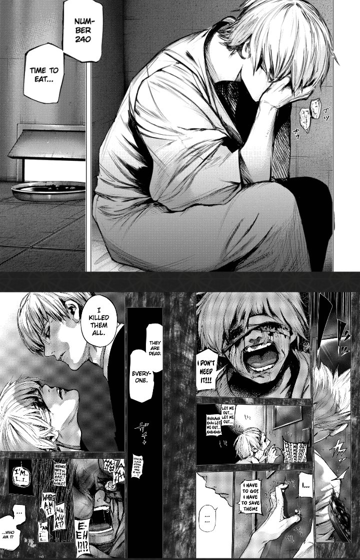 When I read this I thought wow the look on Kaneki's face and this flashback from when he was a prisoner are way more disturbing than anything else this series has thrown at me so far. Man, it got so much more fucked up.....