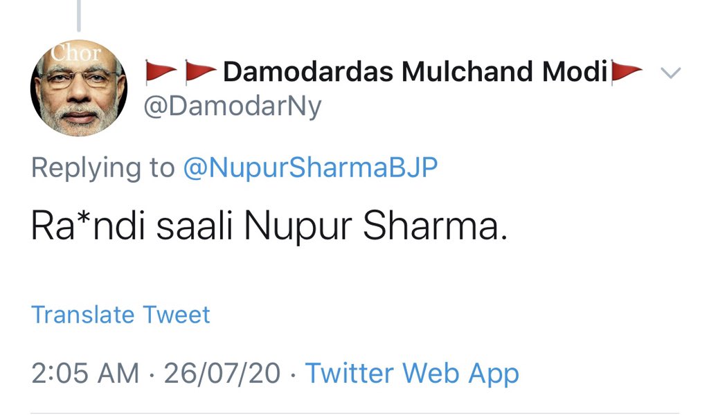NupurSharmaBJP's tweet photo. Here you go. A troll account misusing PM’s photo - just pay attn to the language. 

What MC Abbas called me in English this shameless person has decided to translate in Hindi.

And of course @TwitterIndia sees nothing wrong with it.

#WeStandWithNupurSharma https://t.co/6wCDp6MbJd