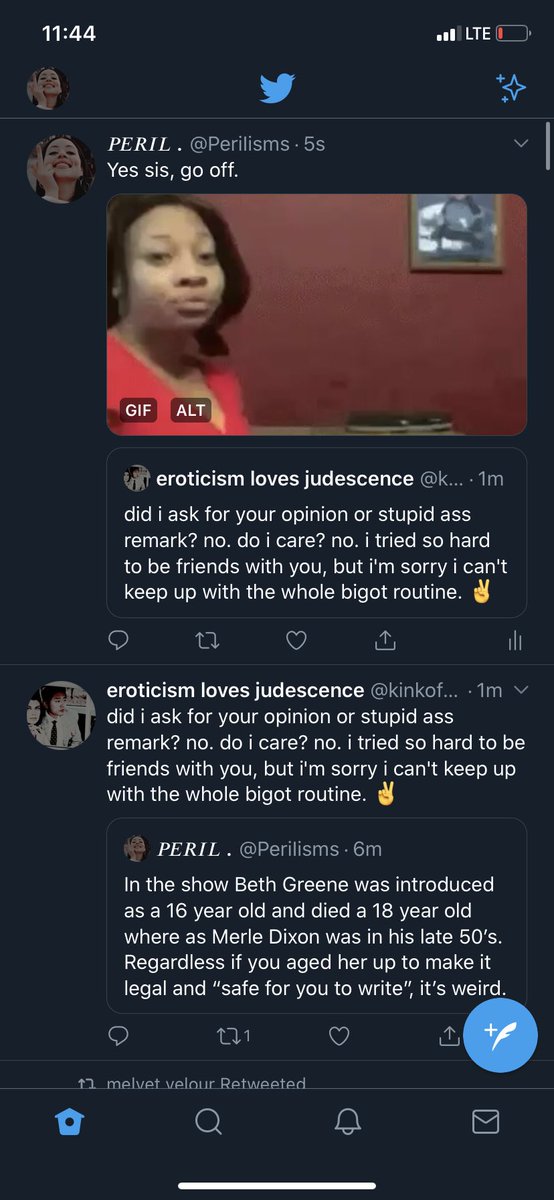 ╱   What I won’t tolerate is y’all aging up children/teens so that you can write your little weird ass ships. BETH DIED WHEN SHE WAS 18 AND MERLE DIXON WAS IN HIS LATE 50’S. Me and Erot have barely been friends and this definitely deads all chances now. Appalling. #TWD