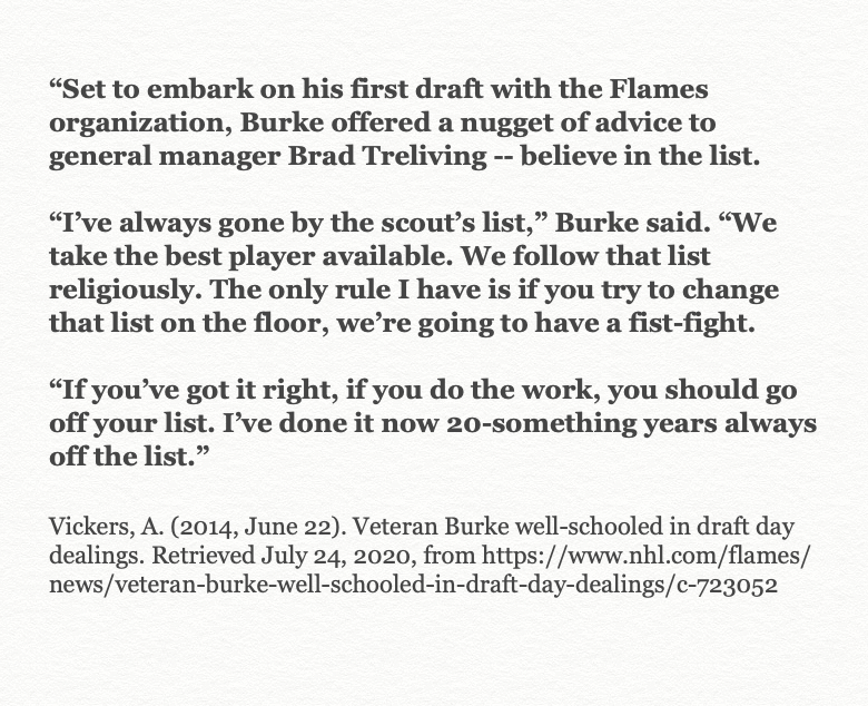 (4/7) Straying away from your draft list and drafting for need over BPA both carry huge risk. This cost the Canucks both Pastrnak and Tkachuk.