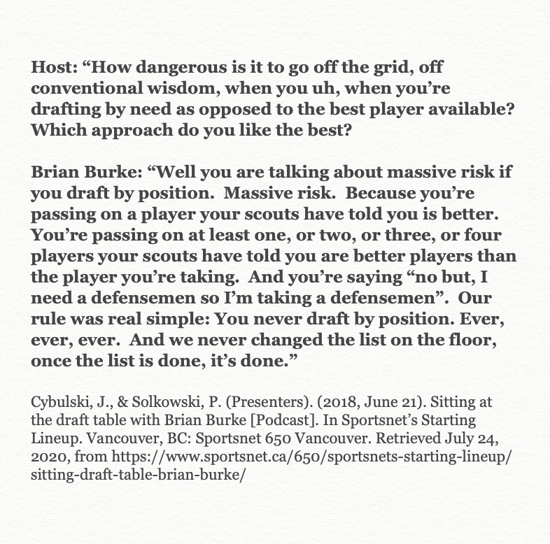 (4/7) Straying away from your draft list and drafting for need over BPA both carry huge risk. This cost the Canucks both Pastrnak and Tkachuk.