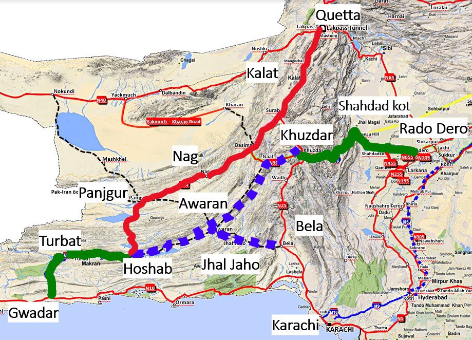 In South Balochistan,current focus is on building roads for better connectivity and socio economic development. Hoshab-Awaran-Khuzdar &Awaran-Bela (shown dotted in purple) in focus to transform this region. #CPEC #pakistanmakingprogress