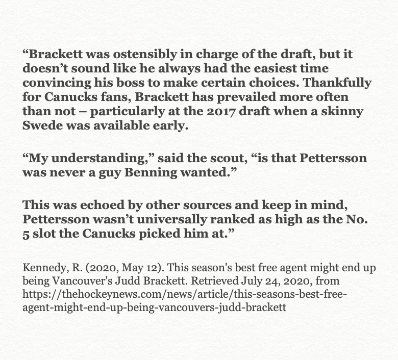 (5/7) Finally in 2017 it appeared Benning had ceded some degree of control to Judd Brackett. It's a good thing too since Pettersson wasn't on Benning's radar.