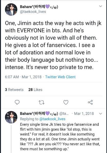 Honestly, if she`s claiming to love all members, how can she see their interactions as fake or fanservice esp JK and JM? And why do you make videos and tweet threads just to push this narrative to their fans??