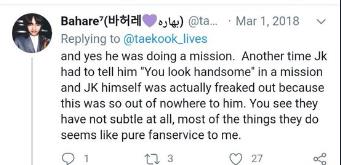 Honestly, if she`s claiming to love all members, how can she see their interactions as fake or fanservice esp JK and JM? And why do you make videos and tweet threads just to push this narrative to their fans??