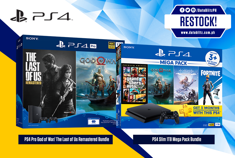 télex Desnudo Ninguna DataBlitz on Twitter: "[RESTOCK] PS4 Slim 1TB Mega Pack Bundle &amp; PS4  Pro God of War/ The Last of Us Remastered Bundle will be available today in  Datablitz branches and E-commerce store