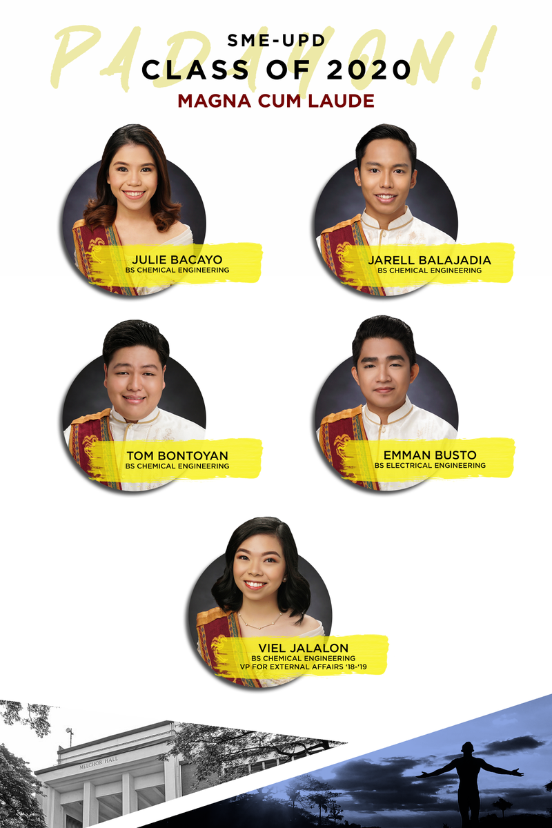 sme_upd's tweet photo. SME-UPD is beyond proud to present our graduates of the Class of 2020!

We are sure that you will continue to meet, know, and grow in honor and excellence, and we hope that you remember that there will always be a home for you in SME-UPD.

Padayon, para sa bayan! 🌻

[1/3] https://t.co/QqIgVk3wHd