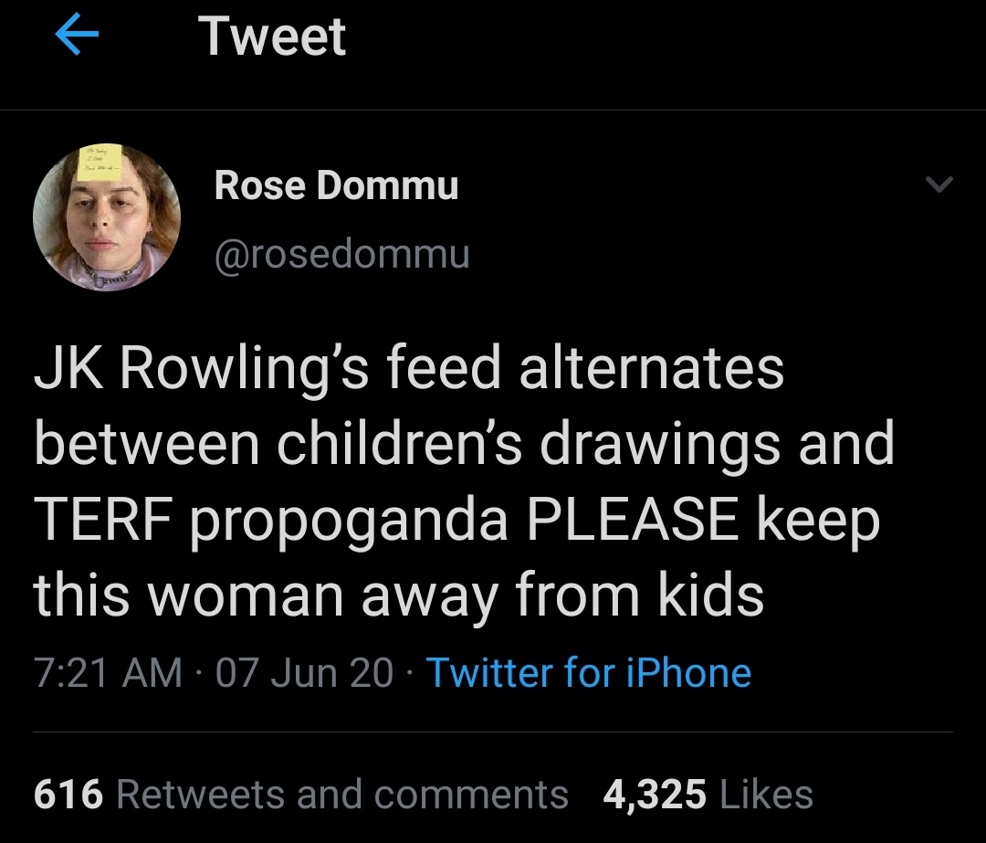 Imagine saying JK Rowling needs to be kept away from children when your own TL is full of porn and sexualizing teenagers