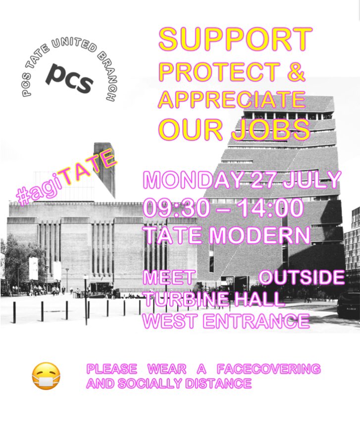 Tate_United's tweet photo. Love Art and Culture but hate the fact job cuts are hitting the lowest paid most diverse culture workers? Join us tomorrow outside Tate Modern! Support. Protect. Appreciate. Coronavirus ain’t no excuse to fire us! #agiTATE #saveTATEjobs https://t.co/cqpKGOoMqr