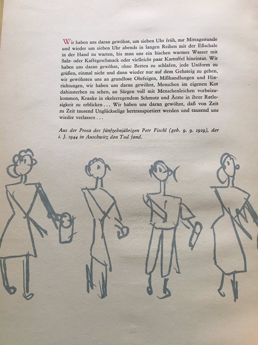 "Queuing for food“ by Liana Franklová, *1931 in Brno, murdered in Auschwitz 19 Oct 1944. Text describing daily life in Theresienstadt by 15-year-old Peter Fischl (*1929), murdered 1944. 4/