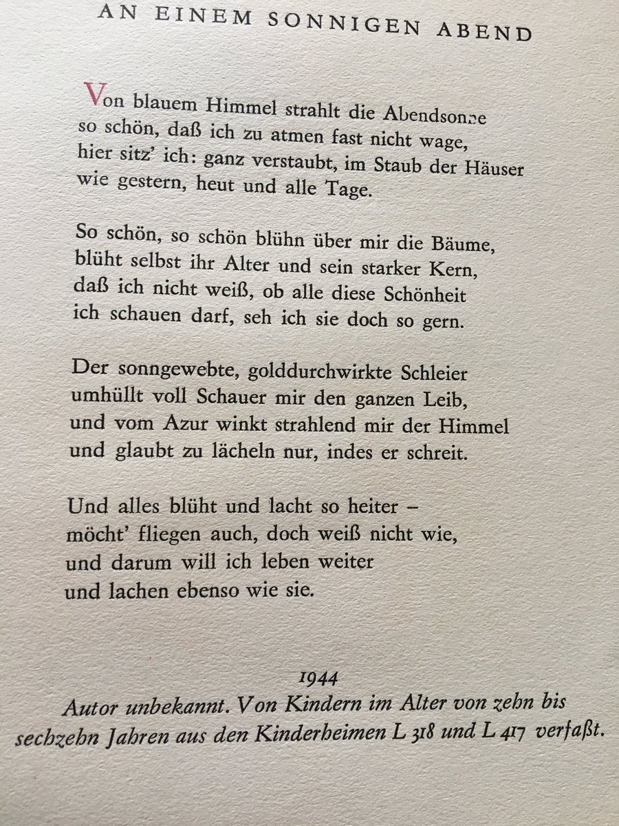 "On a sunny evening“. The author is unknown, assumed to be a child aged 10-16. Last verse (forgive my clumsy translation): "Everything blooms and smilesI want to fly as well, but don‘t know howThat is why I want to live onAnd laugh just like them.“ 9/