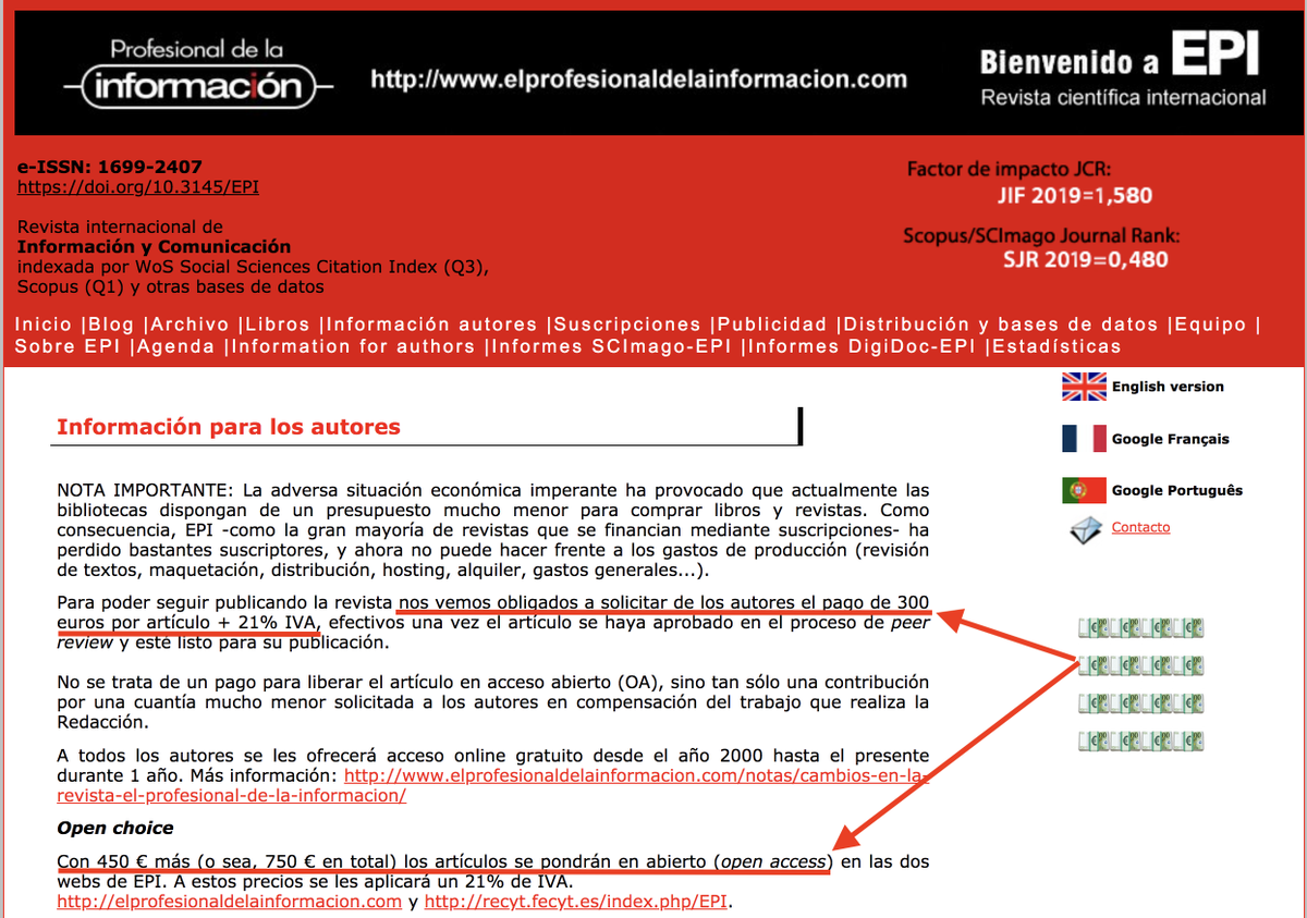 AlbertoQuian's tweet photo. Un ejemplo en Comunicación, la revista 'de moda' en España. ¿Es ético pagar ese dineral cuando tienes un sueldo público y ayudas públicas para investigar? ¿Es ético el mercadeo de la ciencia pública? 
O #CienciaAbierta y #AccesoAbierto, o matar la ciencia. https://t.co/bmchx7dqDk