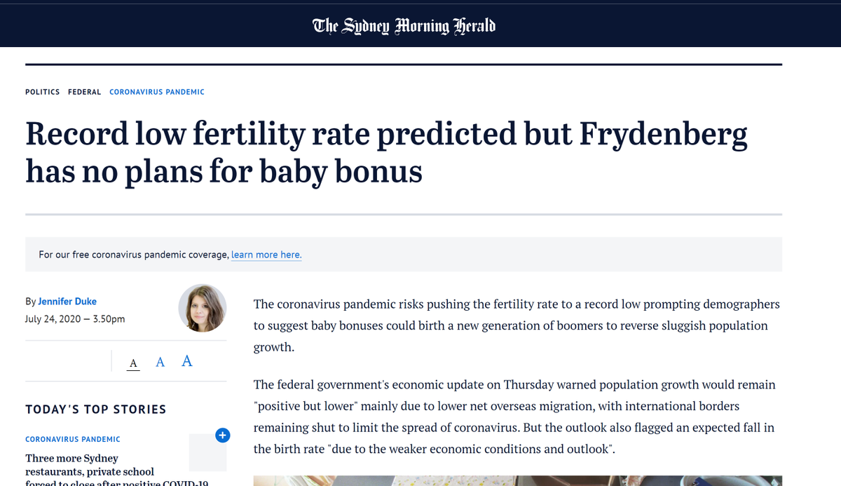 They go into more detail in the report - saying 'governments' are promoting growth in birth rates. Sure, recently, Frydenberg basically did say 'it'd be nice', but ruled out any actual incentive:  https://www.smh.com.au/politics/federal/record-low-fertility-rate-predicted-but-frydenberg-has-no-plans-for-baby-bonus-20200724-p55f0r.html