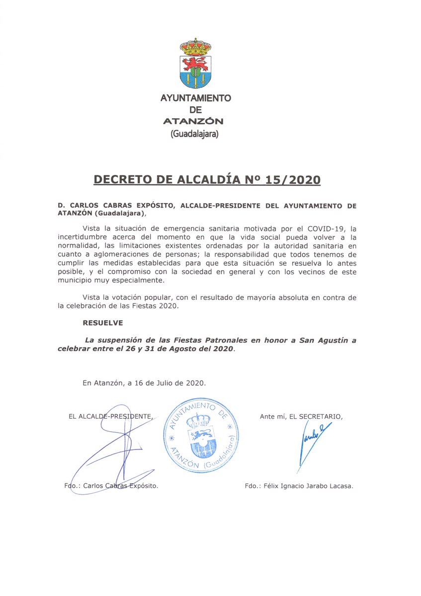 Villa_Atanzon's tweet photo. AYUNTAMIENTO DE ATANZÓN 
DECRETO DE ALCALDÍA
SUSPENSIÓN DE LAS FIESTAS PATRONALES EN HONOR A SAN AGUSTÍN 2020 https://t.co/AtMeaAabF2