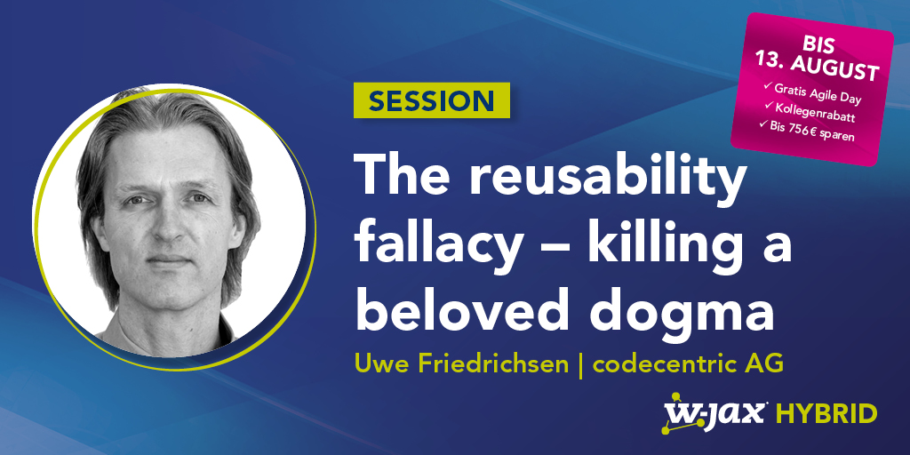 jaxcon's tweet photo. In this session, @ufried will debunk some myths regarding #resusability. He will show that reusability comes at a price that is higher than most people think and why it usually is a false friend in service-based approaches & more. >> https://t.co/UGcTabaw0I https://t.co/CObE9MtDOn