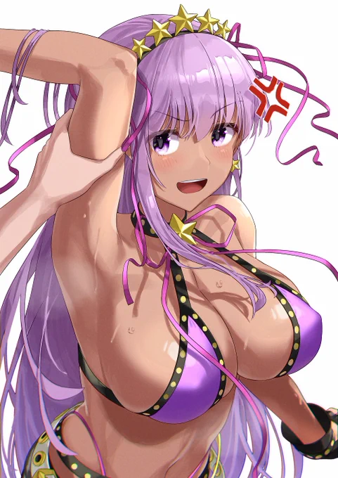 お題箱より「腕を掴まれ無理矢理腋を開けさせられてる
褐色水着BB」です。
#FGO 