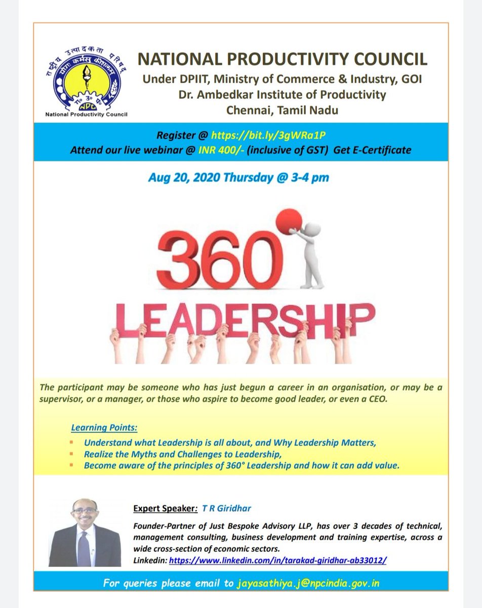 Jaya_Chennai's tweet photo. Aspire to become good leader.. Join the #webinar on 360 degree #Leadership on 20th August 2020 at 3pm.
@SteelMinIndia @minmsme @SMEForumIndia @SmeVenture @SMEStreet_in @investindia @HRDMinistry @FinMinIndia @RailMinIndia @PetroleumMin @MinOfPower @MinistryWCD @MoHUA_India https://t.co/zfej5y5veJ