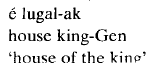 8/ Here we have a common genitive phrase, the possessor <lugal> 'king' is marked with genitive, the possessed object <é> 'house' is unmarked.(example from Plank 1995, p. 40)