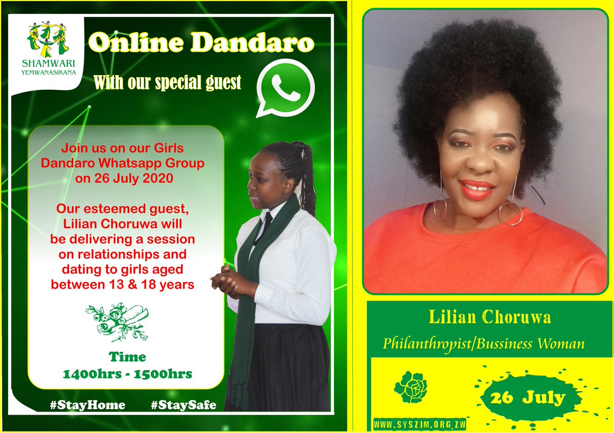ShamwariyeMwana's tweet photo. Join us today on our Girls Dandaro Whatsapp group from 1400 hours to 1500 hrs as we host our renowned guest Lilian Choruwa who is going to discuss with the girls about relationships and dating
#GirlsOnlineDandaro https://t.co/wQoGqkknDu