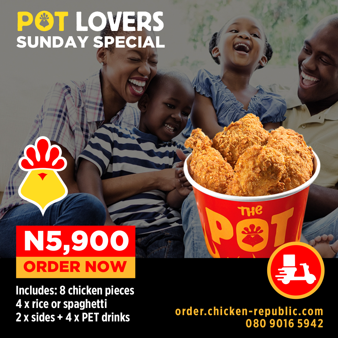 ChickenRepublic's tweet photo. Our Pot lovers meal makes quality time with family all the more enjoyable.
Order a full bucket of chicken, rice and drinks for N5900 online at https://t.co/uDExofg14o
#potloversmeal #chicken #sundaymeal #sundayvibes #fastmeal #largemeal #fastfood #jollofrice #breakfast #lunch https://t.co/FJXuxGmtCD