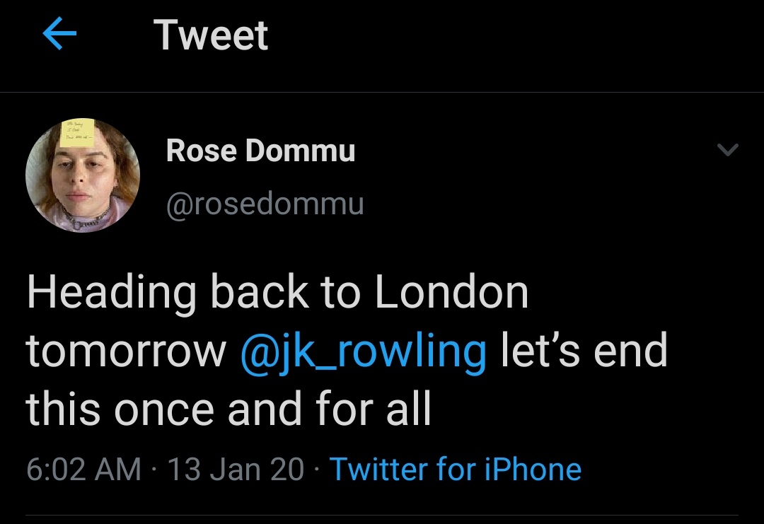 Here's the same person threatening to find JK Rowling in London, along with deliberately making women uncomfortable in restrooms, and various other lewd tweets