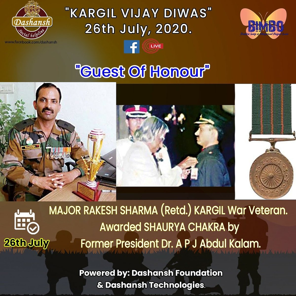 we_dashansh's tweet photo. "KARGIL VIJAY DIWAS"
"Guest Of Honour", MAJOR RAKESH SHARMA (Retd.)
KARGIL War Veteran. 
Awarded SHAURYA CHAKRA by Former President Dr. A P J Abdul Kalam.
https://t.co/mxEHG0MyPL
@DefenceMinIndia @SpokespersonMoD @PMOIndia https://t.co/pIIWREH24U